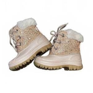 London Fog Girl's Rose Gold Stockport Winter Boots w Faux Fur Lining & Glitter 6